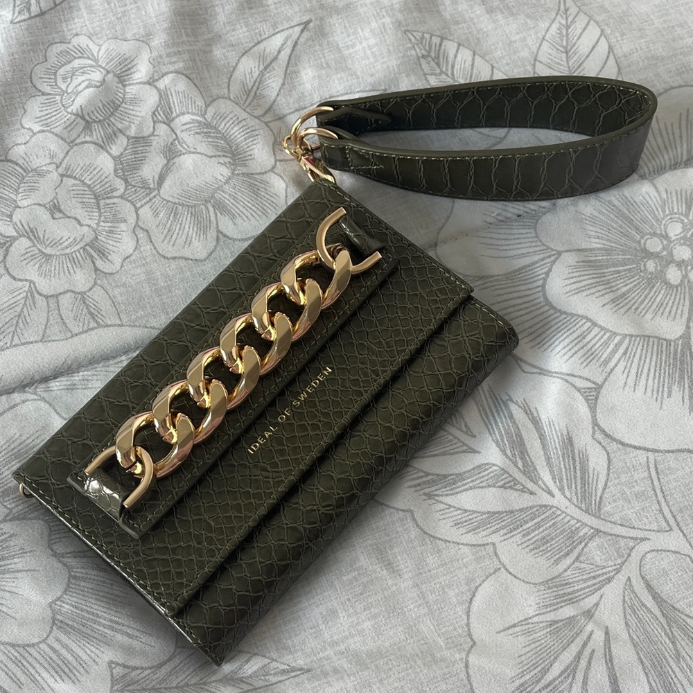 Ideal of Sweden Green Croc Embossed Wristlet with Gold Chain